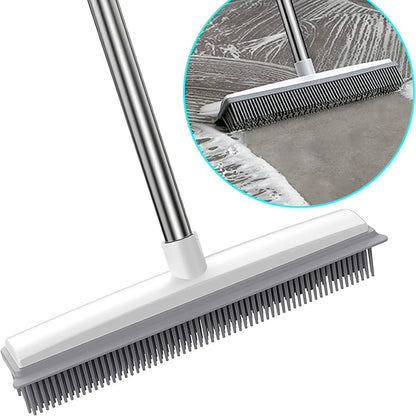 Adjustable 2-in-1 Broom with Squeegee Edge and Soft Rubber Bristles for Indoor and Outdoor Cleaning, Ideal for Pet Hair Removal and Housekeeping Tasks
