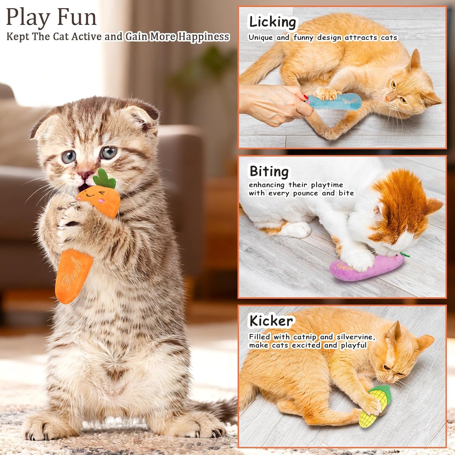 Plush Catnip Toys for Indoor Cats - 5 Pack Interactive Kitty Kicker Chew Toys in Fun Carrot Shape for Dental Care and Playtime