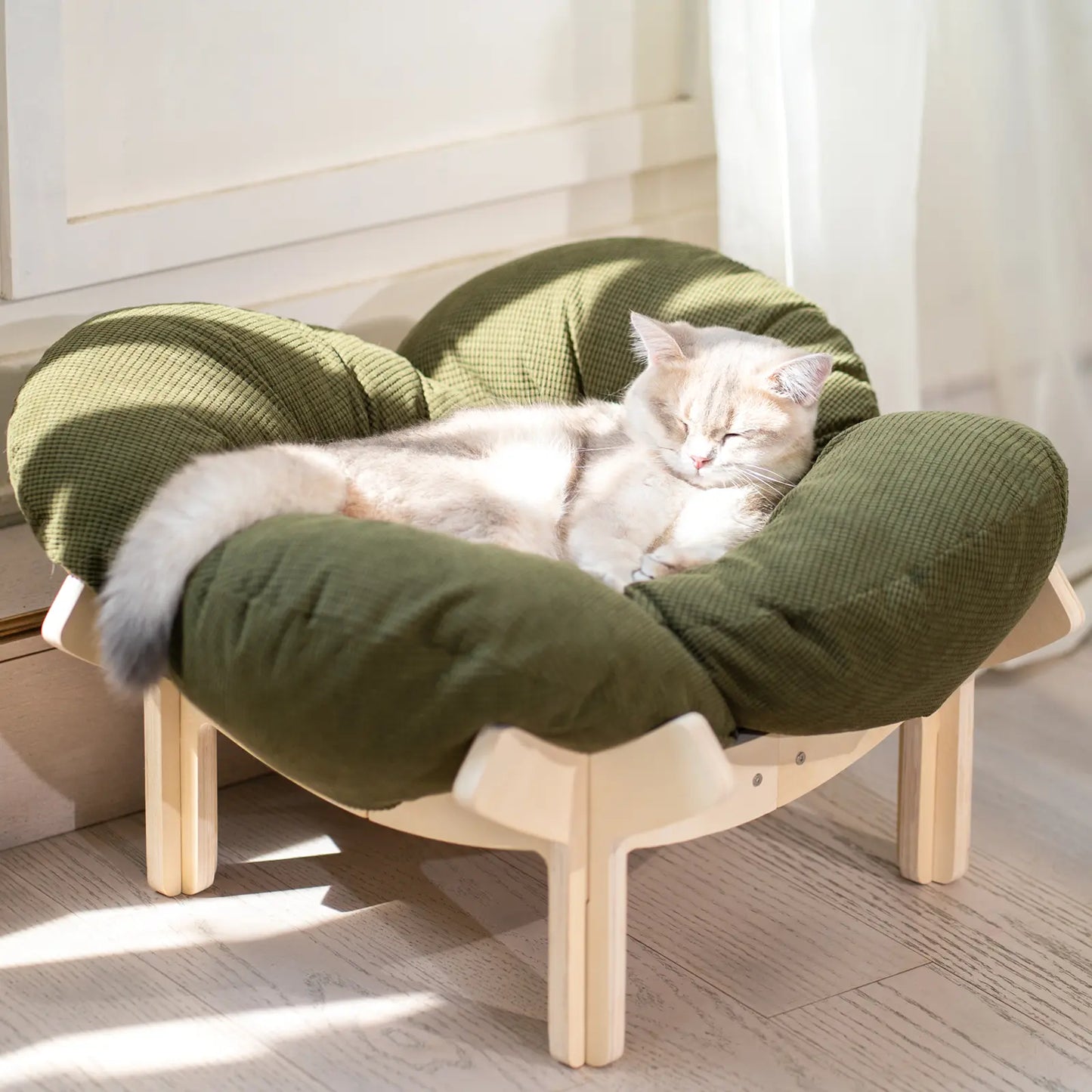 Elevated Wooden Cat Bed with Cushion - Fluffy Pet Sofa for Indoor Cats and Dogs, Raised Lounge Chair, Large Size Cat Furniture