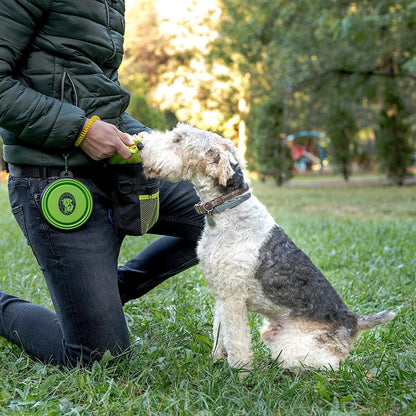 Dog Training and Walking Treat Pouch with Poop Bag Dispenser, Pro Clicker, Collapsible Travel Bowl, and Reflective Shoulder Strap - Black/Green