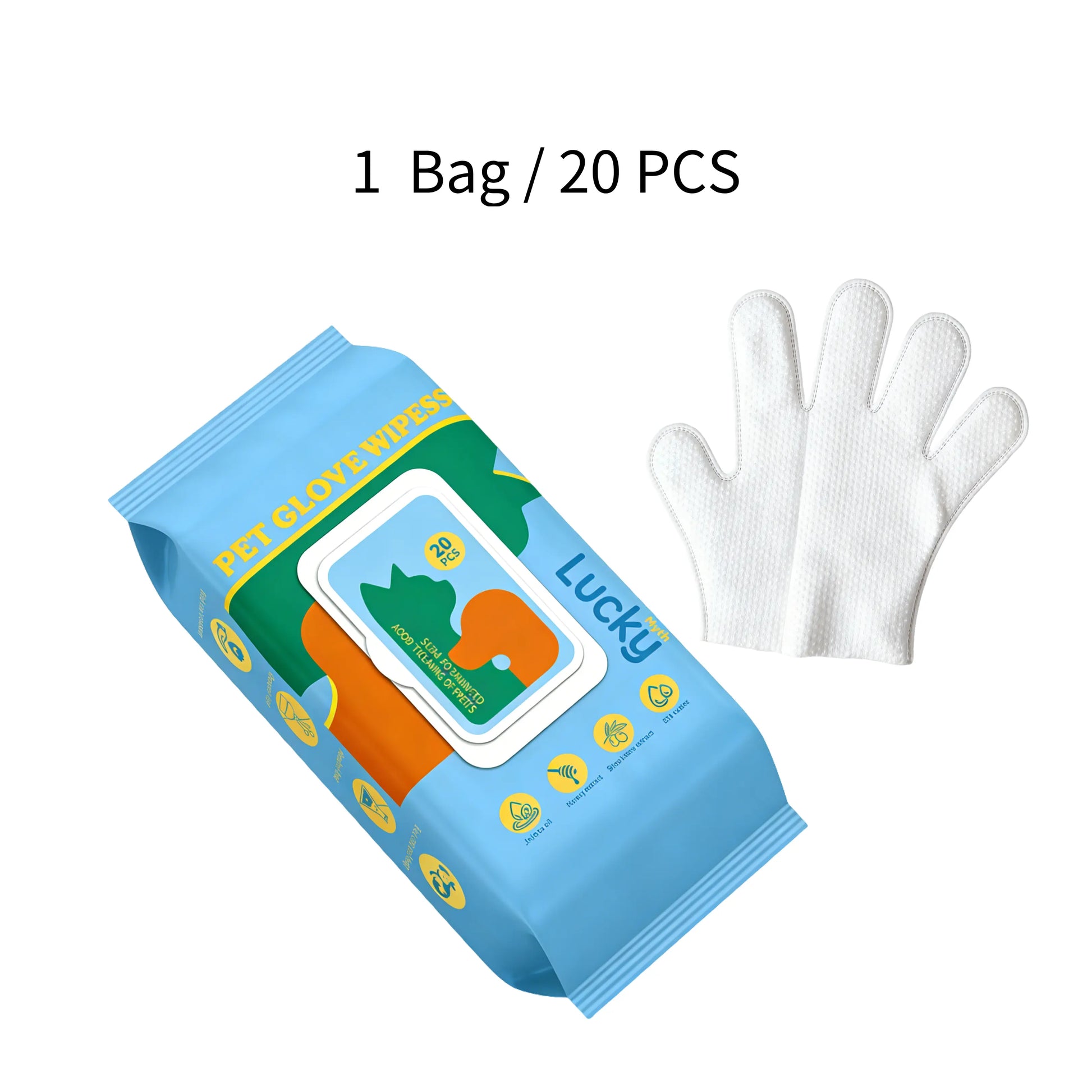 Luckymyth Hypoallergenic Disposable Pet Cleaning Gloves (20 Count) - No Rinse, Mess-Free Hair Removal and Deodorizing Moisture Care for Dogs and Cats, Perfect for Outdoor Travel and Activities