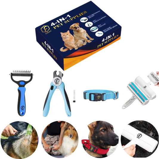 Ultimate 4-in-1 Pet Grooming Kit: Reusable Hair Remover, Double-Sided Shedding Brush, Nail Clippers, and Stylish Nylon Collar for Medium Dogs - Pink