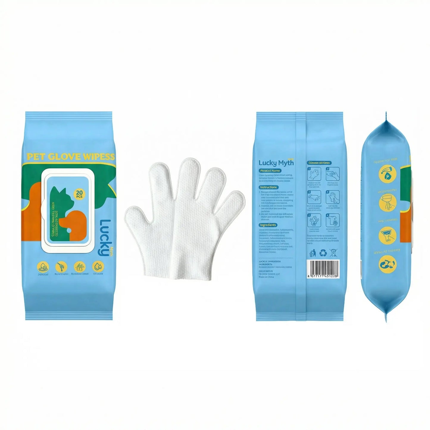 Luckymyth Hypoallergenic Disposable Pet Cleaning Gloves (20 Count) - No Rinse, Mess-Free Hair Removal and Deodorizing Moisture Care for Dogs and Cats, Perfect for Outdoor Travel and Activities