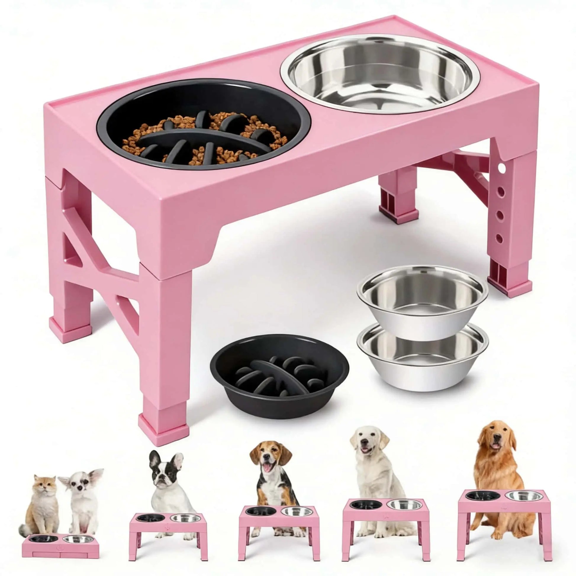 Adjustable Elevated Dog Bowl Stand with 2 Stainless Steel Bowls and 1 Slow Feeder, Height Adjustable from 3.2" to 12.2" for Small, Medium, and Large Dogs
