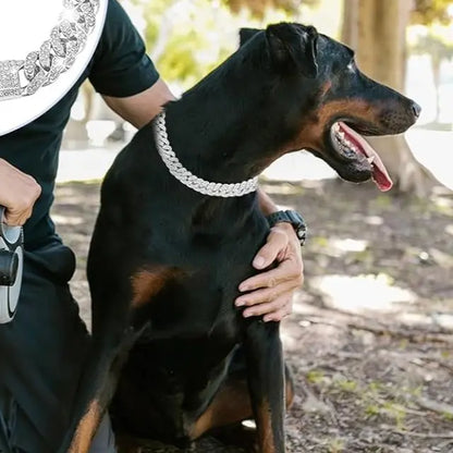 Luxury Diamond Cuban Link Dog Collar - 13mm Wide Silver Chain Necklace for Small to Large Dogs & Cats (16 Inch)