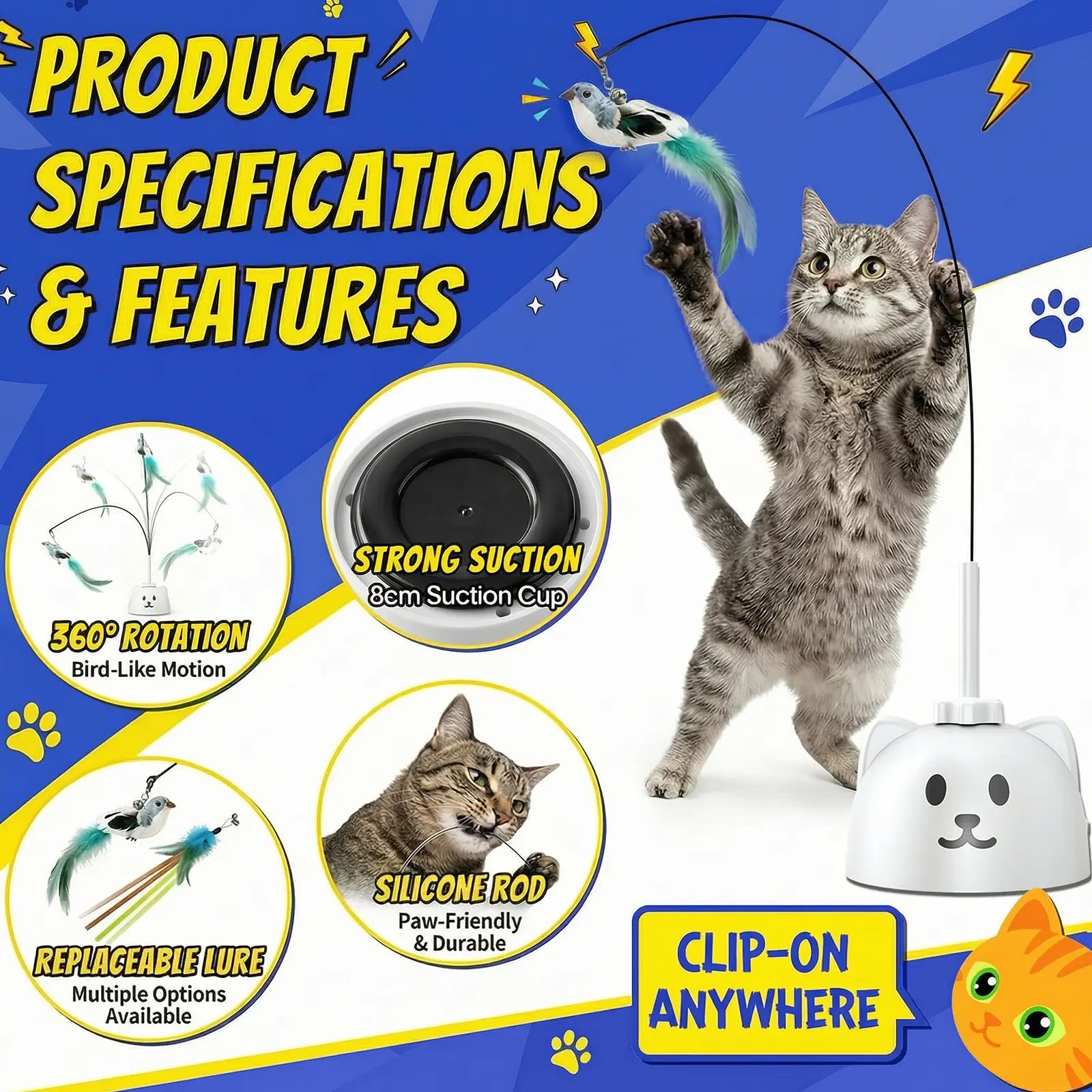 Interactive Automatic Feather Cat Toy for Indoor Use - USB Rechargeable, 360° Rotating, Sensor-Activated Puzzle Toy with Suction Cup Base