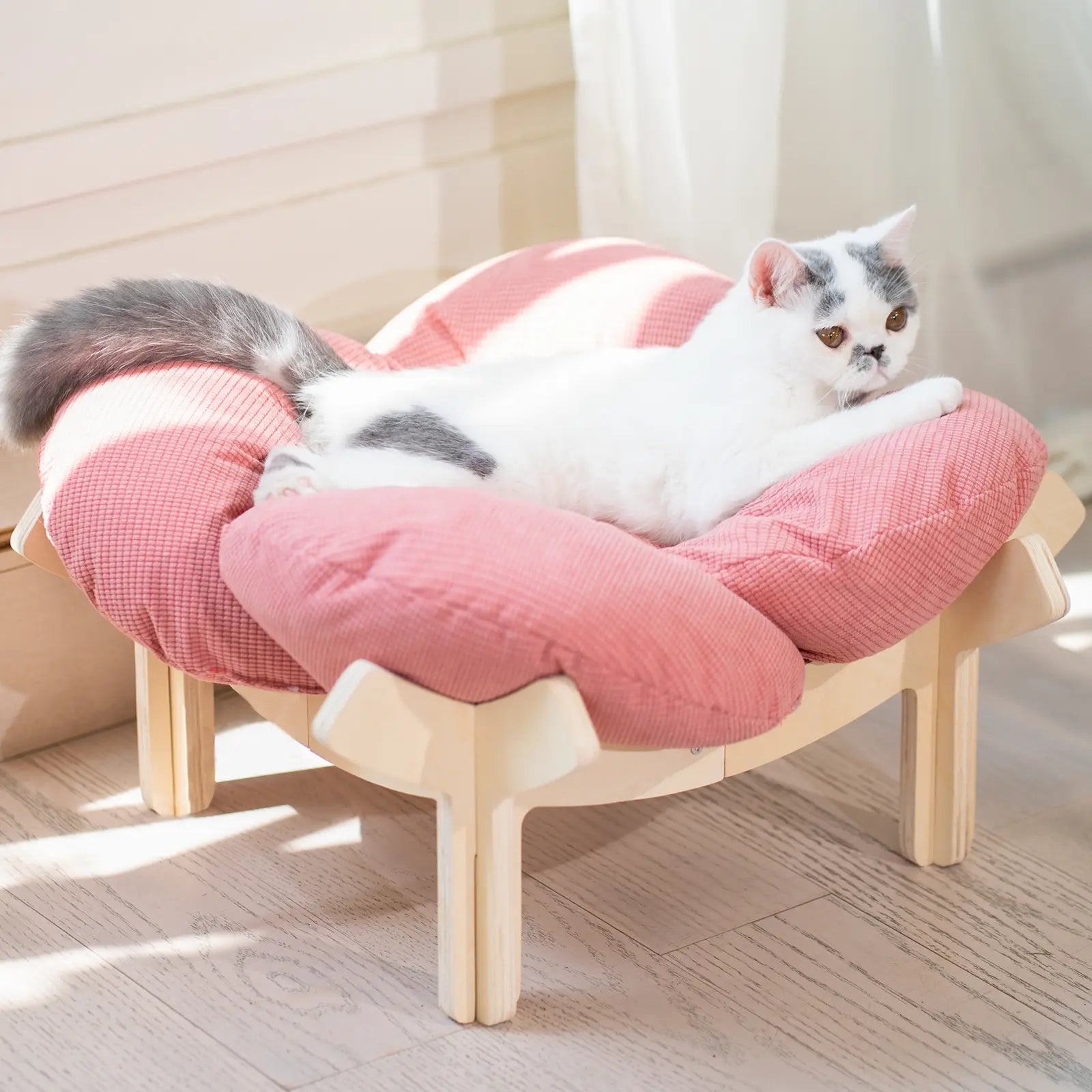 Elevated Wooden Cat Bed with Cushion - Fluffy Pet Sofa for Indoor Cats and Dogs, Raised Lounge Chair, Large Size Cat Furniture