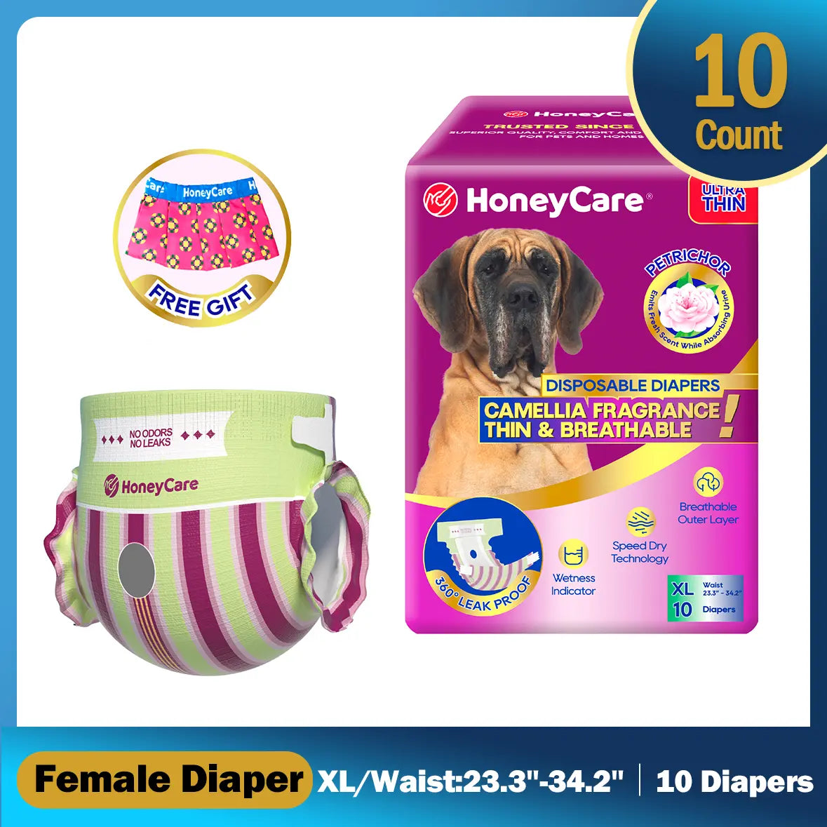 Honeycare Disposable Dog Diapers for Male and Female - Puppy Training Wraps with Stretchy Fabric, 360-Degree Leak-Proof Design, Super Absorbent and Breathable Material, Wetness Indicator, and Adjustable Suspenders for Effective Toilet Training