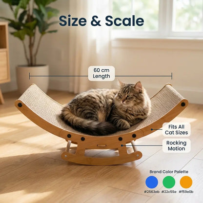 Elegant Bohemian Cat Scratcher Lounge Bed with Solid Wood Frame - 2-in-1 Rocking and Scratching Function for Indoor Cats, Anti-Anxiety Design, Non-Shedding Comfort for Medium to Large Cats and Kittens