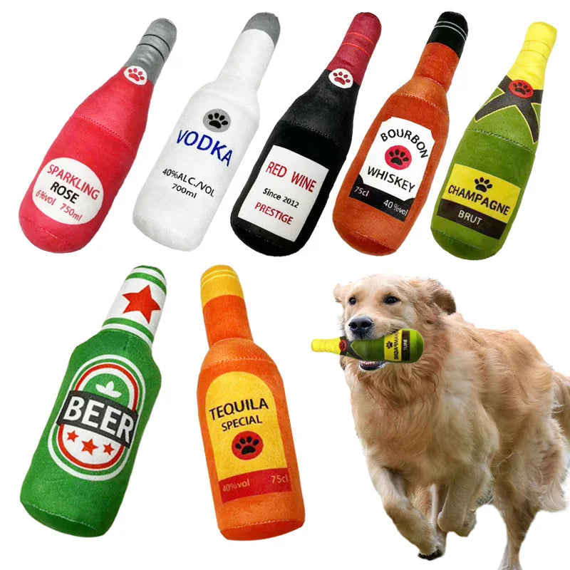 Plush Interactive Dog Toys - Beer Bottle Shape for Small and Large Dogs, Squeaky Sound, Dental Chew, and Play Supplies