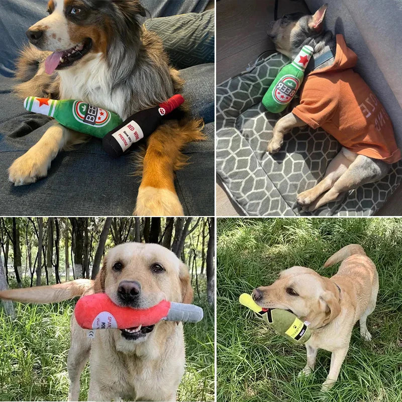 Plush Interactive Dog Toys - Beer Bottle Shape for Small and Large Dogs, Squeaky Sound, Dental Chew, and Play Supplies